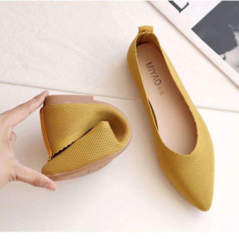 Жіноче взуття Весняно-літнє в'язане односпальне взуття з гострим низом, дихаюче взуття з квасолею, м'яке взуття з неглибоким ротом