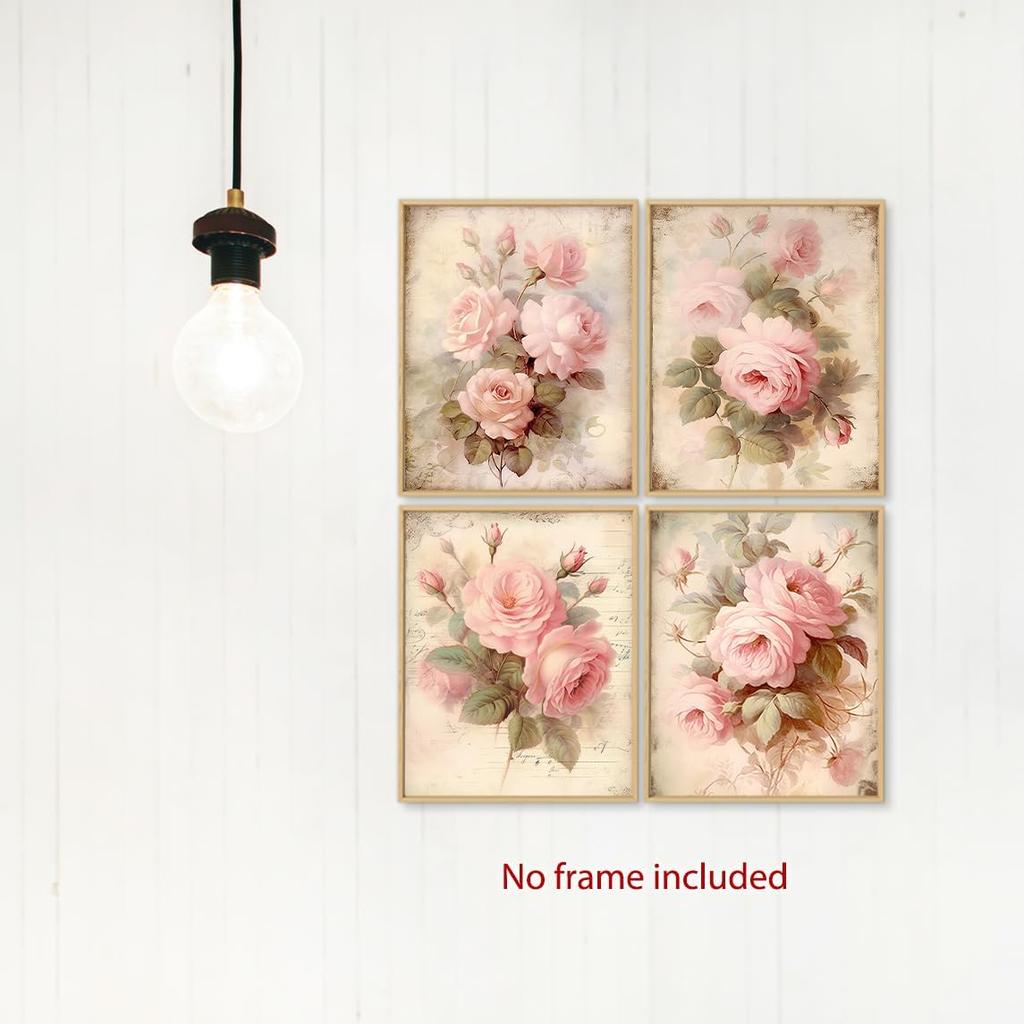 laveliabel Vintage Pink Rose Wall Art Prints Set of 4 Unframed, Floral Wall Decor, Shabby Chic Pink Floral Botanical Poster Prints for Cottagecore