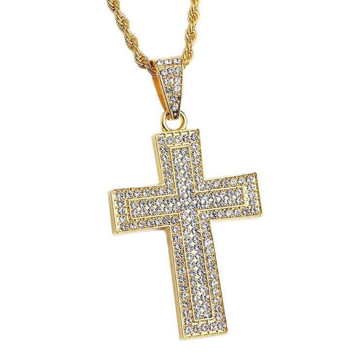 2026 Full Diamond Cross Pendant Necklace with 3.0 Titanium Steel Twisted Chain, European and American Long Style Sweater Necklace