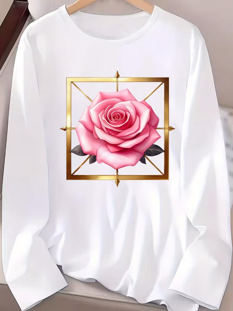 

(Asian Size) watercolor flower trend Fashion Print T Shirt autumn winter spring Casual Tee Women Clothing Top o-neck Graphic Long Sleeve T-shirts S