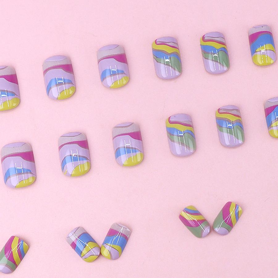 Multi-Color Abstract Striped Square Nails – European & American Style Hand-Painted Fake Nails