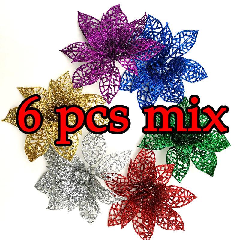 

(6pcs/pack) Mixed Colors Artificial Christmas Tree Flower Glitter Decorations Xmas Ornaments New Year Gift