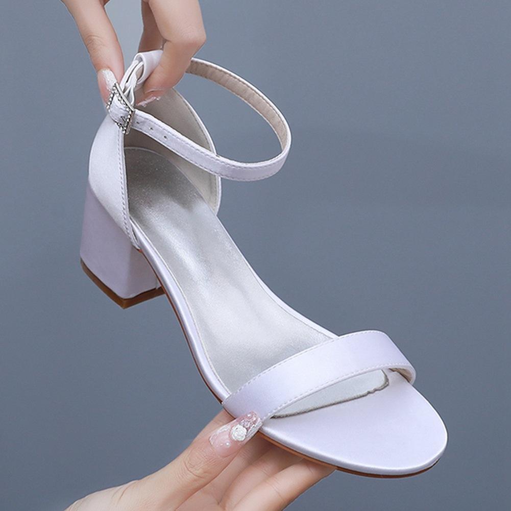 KH cm square heel Korean spring bride ivory silk satin light mouth buckle white sandals women