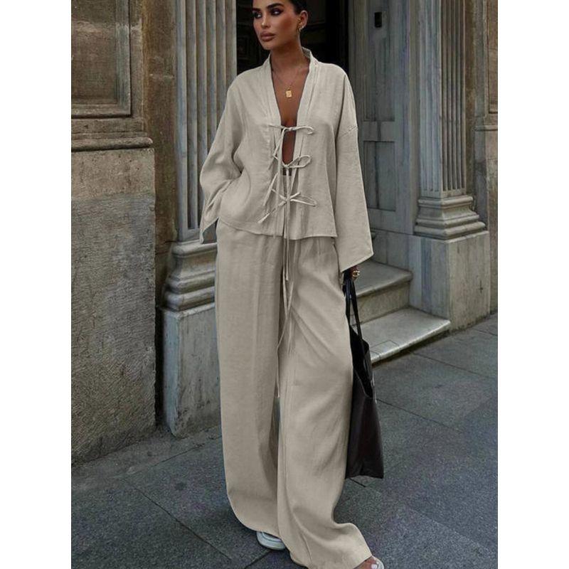 Solid Casual Two-piece Set European and American Fashion Lace-up Shirts Trousers Set Women Casual Two-Piece Set