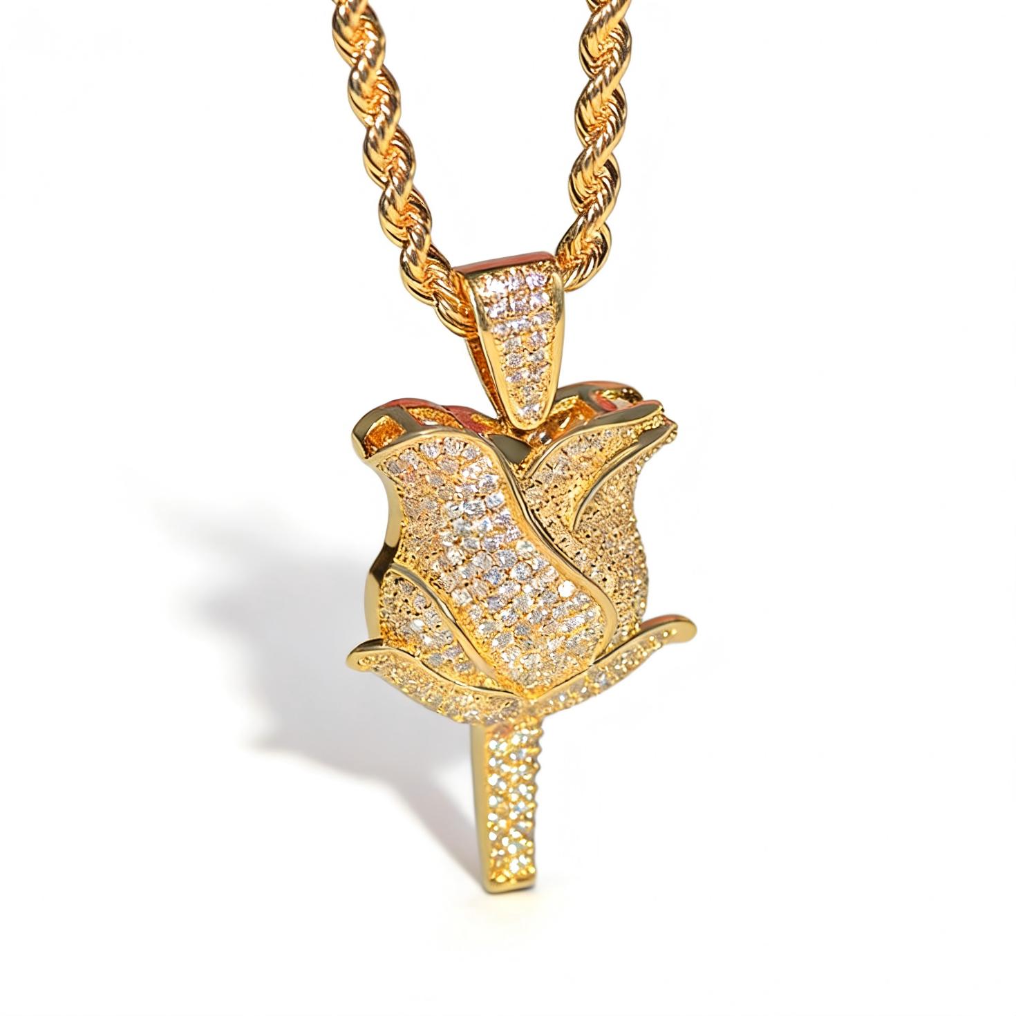 Popular Trendy Brand Rose-shaped Pendant, Micro-inlaid Full Zircon Personalized Hiphop Necklace Accessory золотой