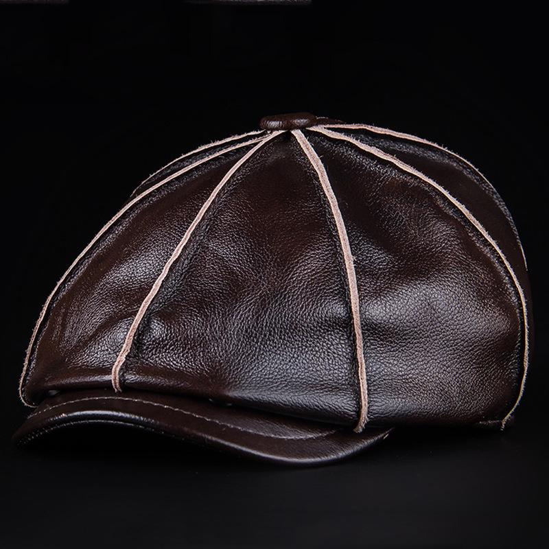 

Leather Newsboy Cap Genuine Leather Men Winter Warm Octagonal Cap Brown Black Outdoor Retro Male Leather Beret NZ124 L коричневый