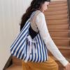 New Summer Striped Double Sided Shoulder Bag for Women with Bow Canvas Bag Casual Large Capacity Simple Letter Tote Bag