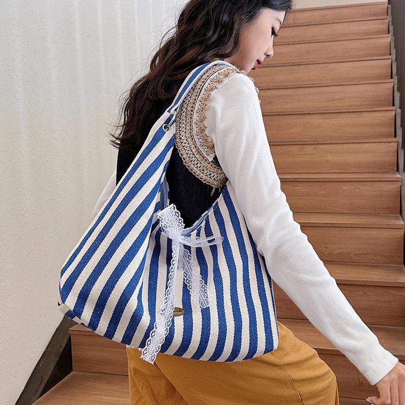 New Summer Striped Double Sided Shoulder Bag for Women with Bow Canvas Bag Casual Large Capacity Simple Letter Tote Bag