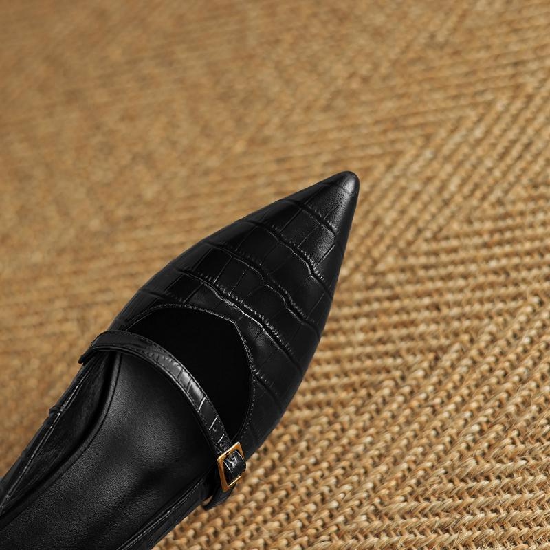 Fashion Women's New Four Seasons Genuine Leather Printed Cowhide Pointed High Heels Retro Belt Buckle Mary Jane Shoes Work Single Shoes