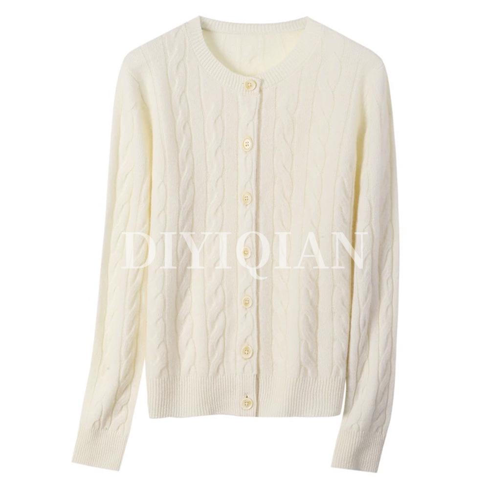 DIYIQIAN Damen Klassischer Retro Zopfmuster Woll-Cardigan - Herbst/Winter Rundhals Vielseitiges Oberteil