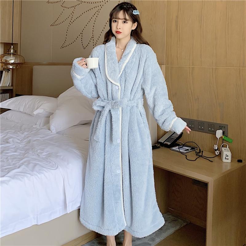 Winter Women's Pajamas Thickened Warm Solid Color Bathrobe with Straps Cardigan Plush Pajamas for Women