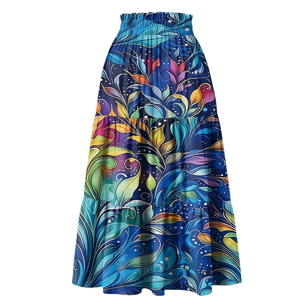 Maxirock für Damen mit Kordelzug, hohe Taille, lange Sommerröcke, leicht, gestuft, fließend, geblümt, Faltenröcke