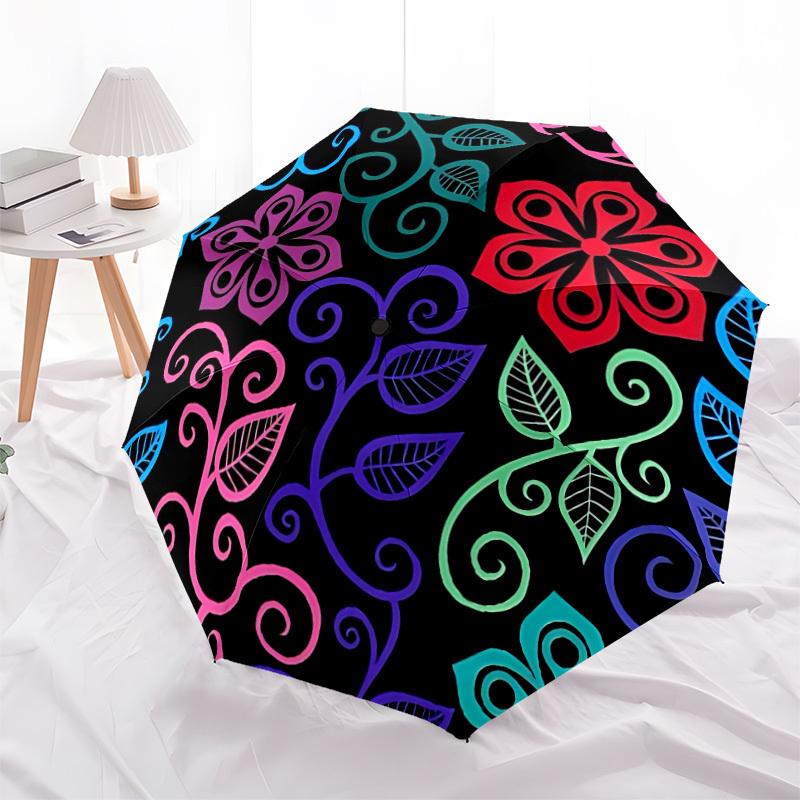1pc Floral Pattern Automatic Umbrella - Stylish, Durable, with 8-Rib Manual Open Design, Elegant Black Handleyy250920152