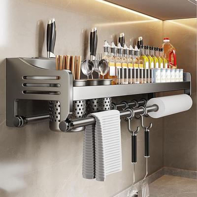 Étagère de rangement de cuisine sans perçage: Porte-baguettes et couteaux multifonctionnel avec rangement pour assaisonnements, mural.