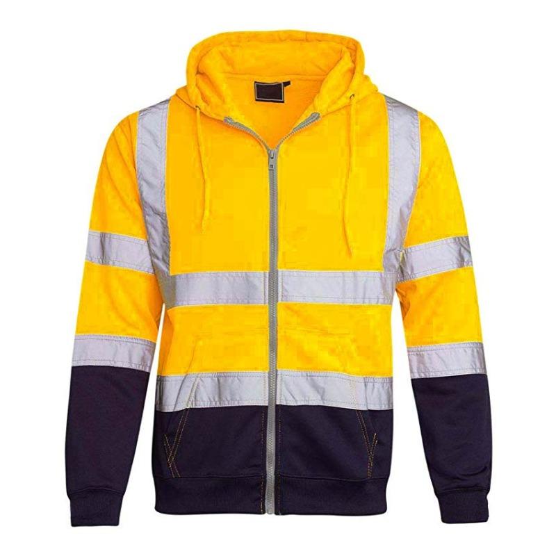 Fleece-lined Outdoor Sanitation Workwear Men's High Visibility Reflective Strip Zipper Color Blocking Hooded Sweatshirts