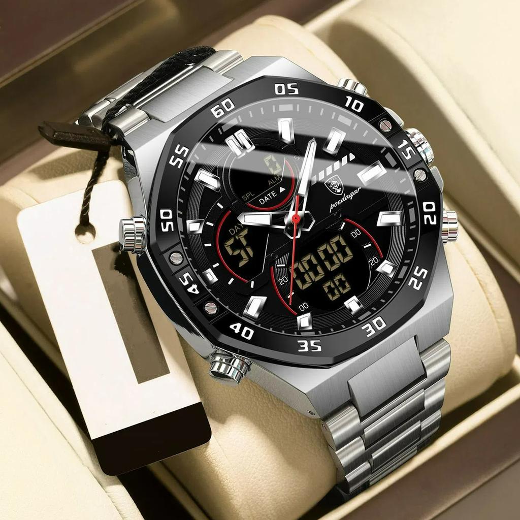 POEDAGAR Top Original Men Clock LED Luminous Waterproof Week Date Man Wristwatch Electronic Stainless Steel Quartz Men's Watches