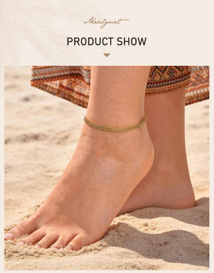 Waterproof Mesh Chain Anklet18k Gold Plated Tarnish Free Flat Mesh Link Women's Anklet Bracelet Summer Foot Accessories