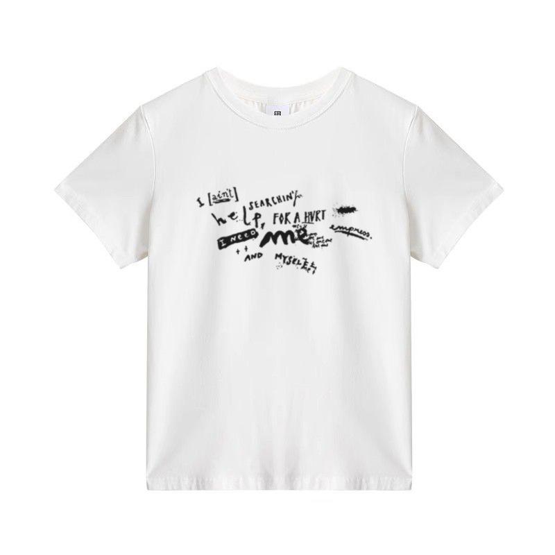 Navy blue round neck front shoulder short-sleeved women s T-shirt summer new niche design printed casual lazy style top S