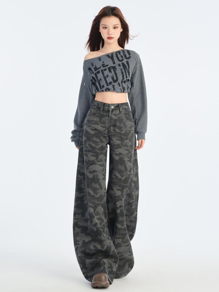 American-Style High-Waist Camo Jeans: Women's Wide-Leg, Slimming, Loose-Fit Pants for Spring 2025