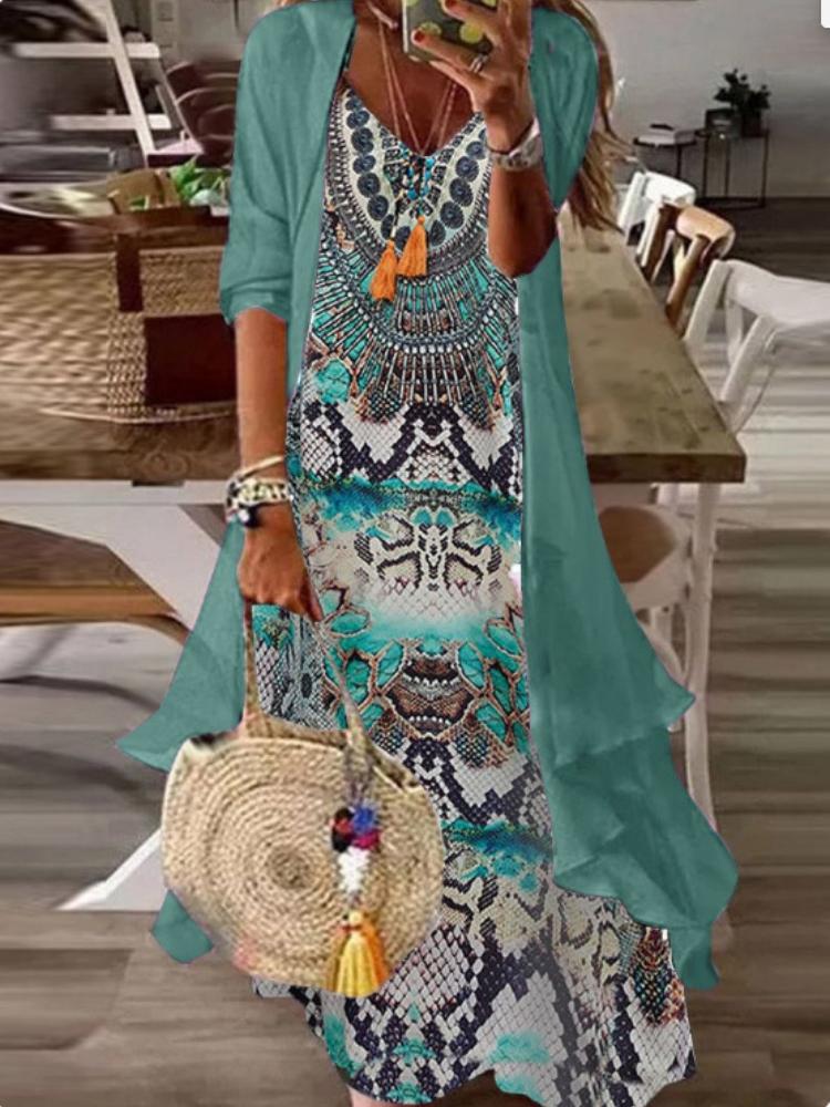 

Женское бирюзовое кружевное платье макси с подходящим кардиганом для повседневной носки XXXL