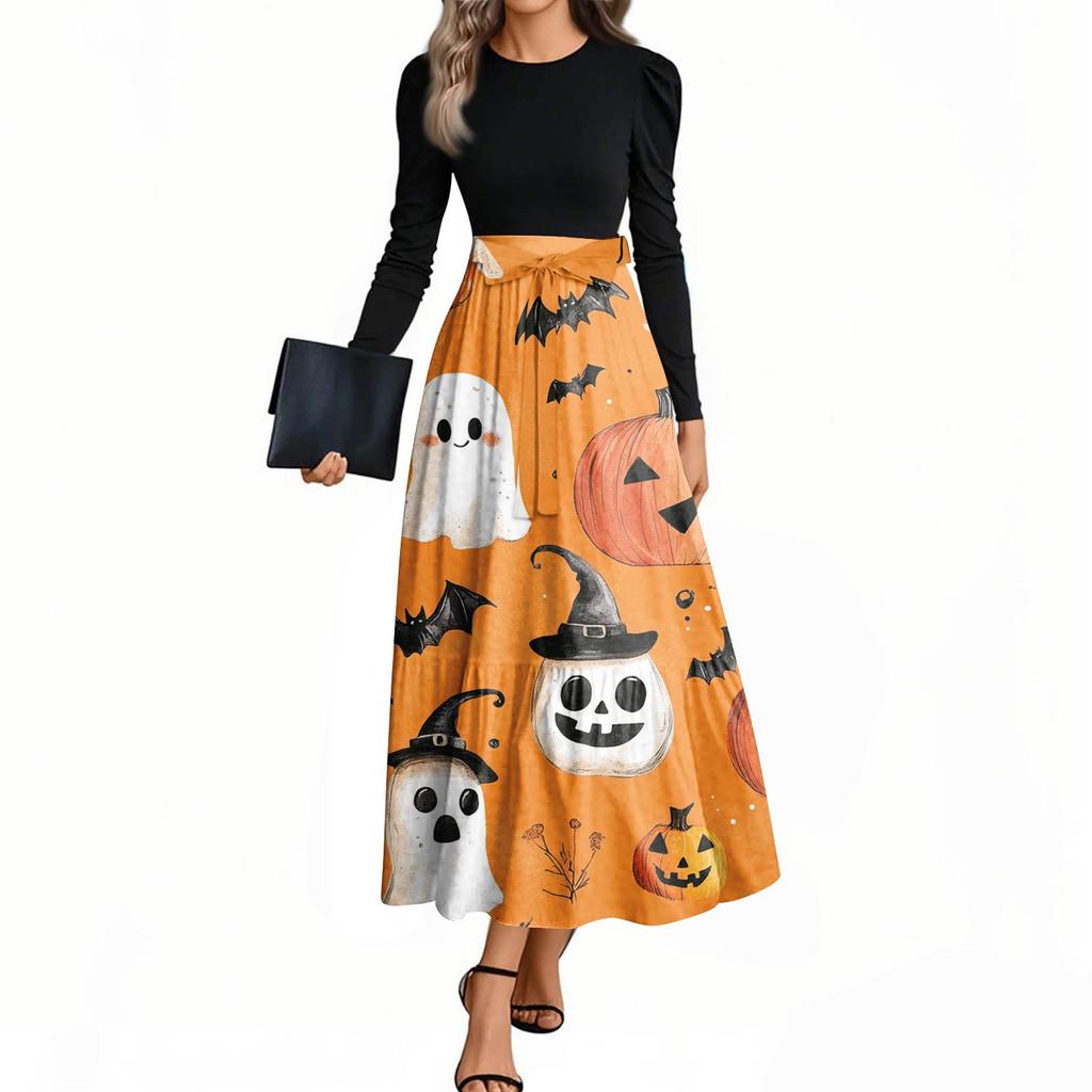 Women's Fashion Casual Belted Long Sleeve Round Neck Halloween Printed Elegant Temperament Dresses
