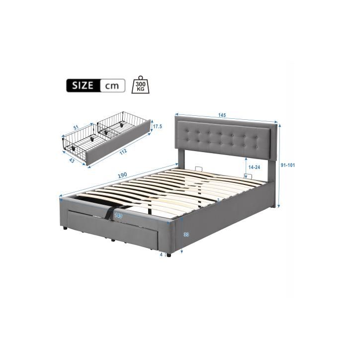 Lit capitonné - MUVOE - 140x190 cm - Tête de lit réglable - 2 tiroirs de rangement - Velours gris