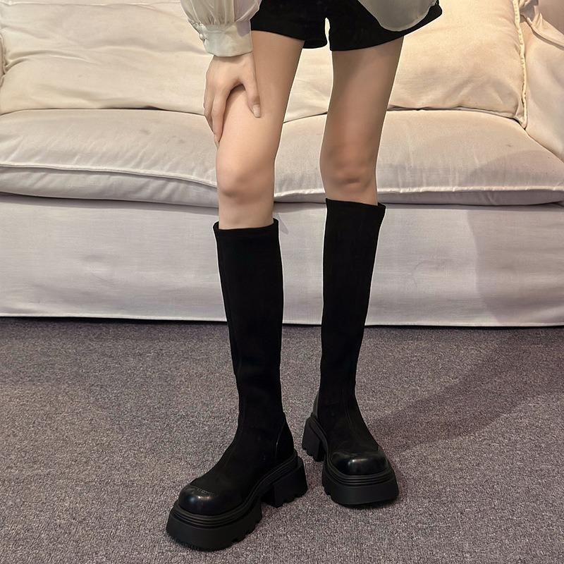 Thick-soled boots women's spring and autumn boots women's knee-length small black boots elastic thin tall knight boots