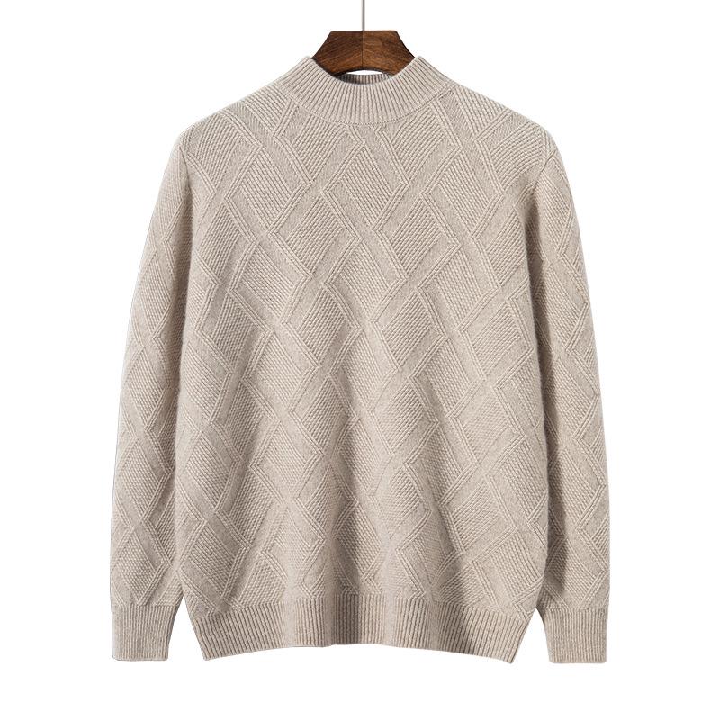 Men's Cashmere Jacquard Pullover Sweater - Half High Neck, Thick, Loose Fit, Long Sleeve, Business Casual