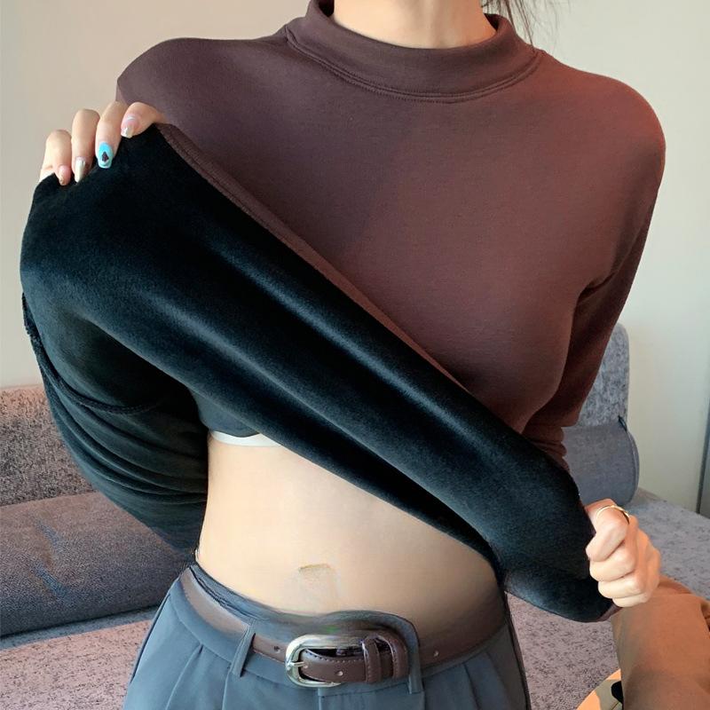 Winterverdicktes Samt-Unterhemd für Damen Silberfuchs-Samt Slim Innen warm Herbstmantel Rundhals-Oberteil Live-Stil