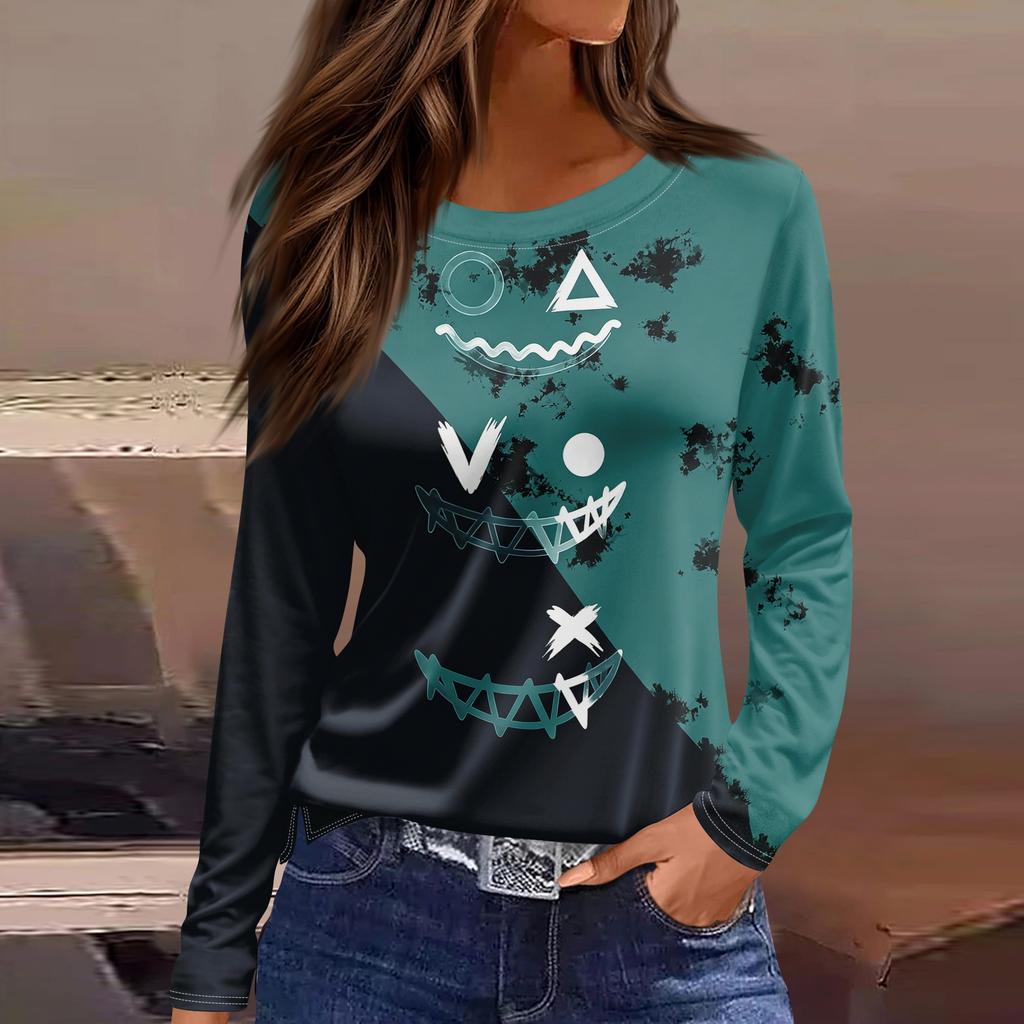 Women's Halloween Print Long Sleeve Round Neck Casual Top with Side Slit