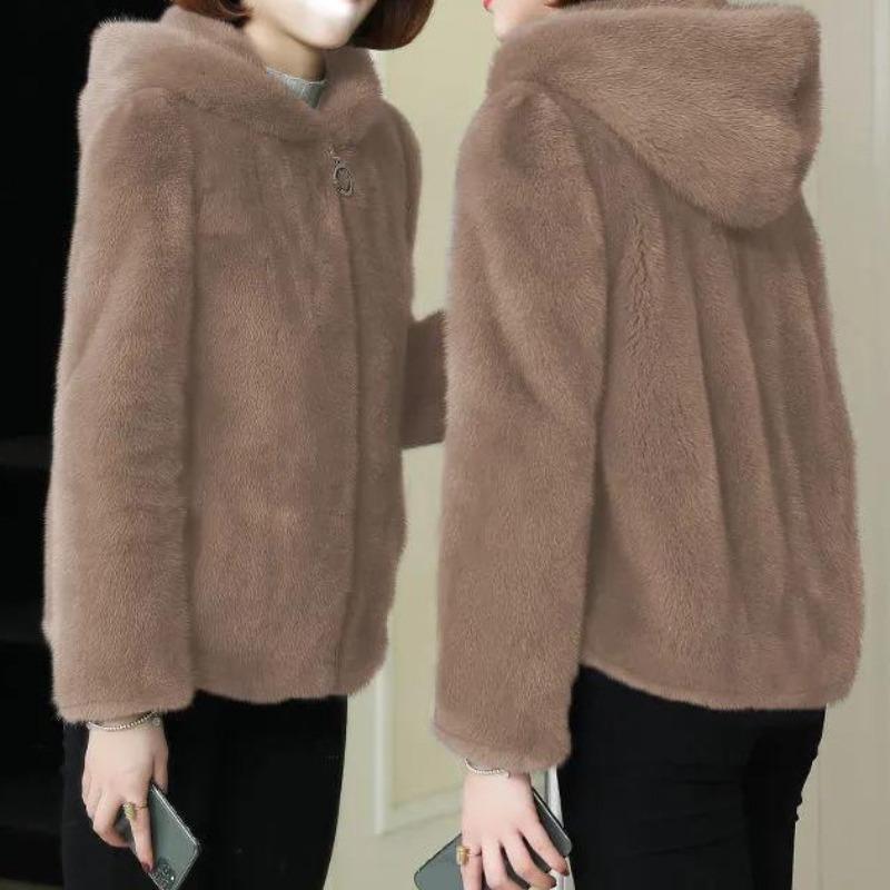 Fleece Thickened Warm Hooded Sweater Cardigan Women's Autumn and Winter Loose Imitation Lamb Plush Coat
