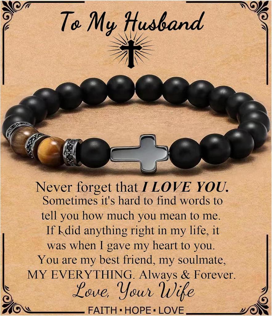 Kreuz Armband für Männer Sohn Bruder Taufe Kommunion Geburtstag Jahrestag Weihnachten Christlich Schwarze Tigerauge Perlen Schmuck