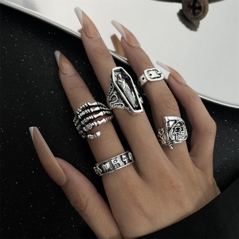 1 Set Gothic Skull Rings Set for Women Men Antique Silver Metal Skeleton Skull Belt Buckle Finger Ring Punk Jewelry