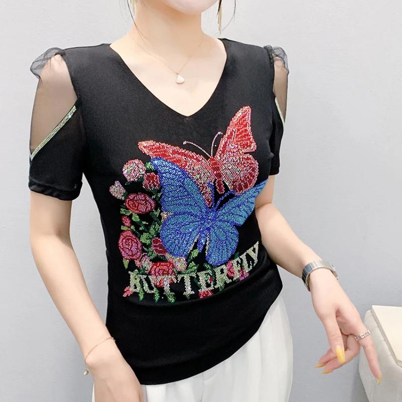 New European Brand Women's Clothes T-shirt Sexy V-Neck Luxury Butterfly Hot Diamonds Girls Tops Fashion Summer Short Sleeve Tees