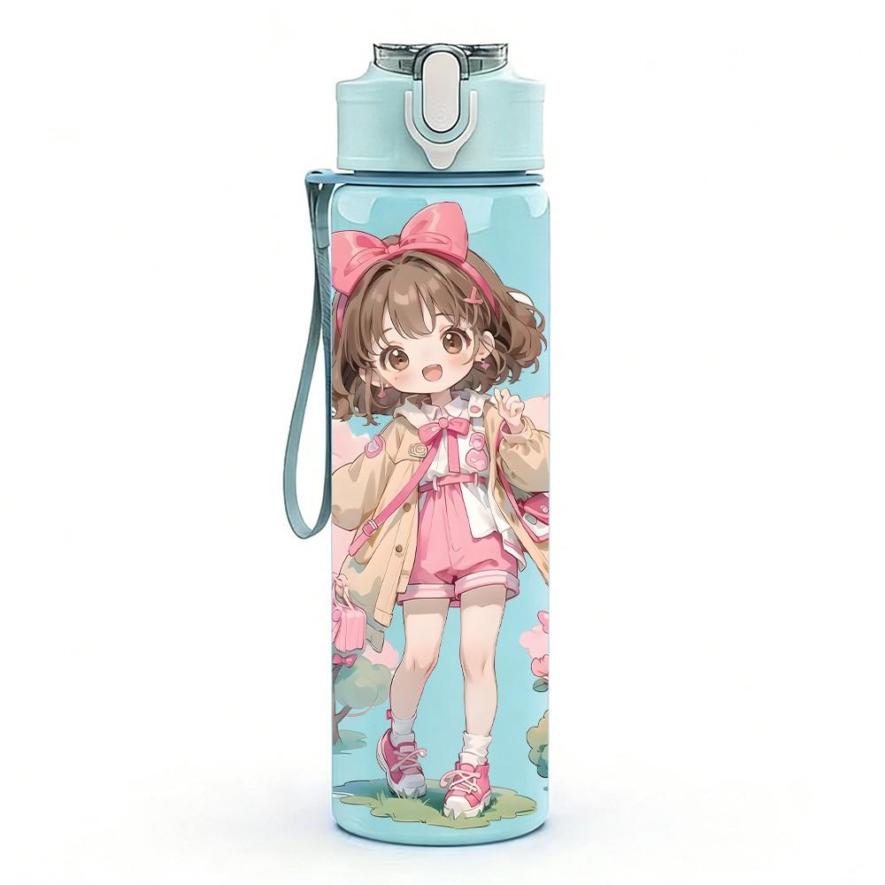 1PC Pink Dress Girl Bow Hair Decor Pattern 750ml Color Plastic Sports Water Bottle Leakproof Flip Straw Lid Suitable for Sports Office Home Use