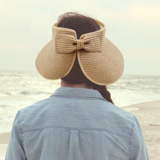 Outdoor Ladies Hat Empty Top Foldable Large Brim Bow Decor Sun Protection Anti-UV Beach Straw Cap Gardening Fishing Travel Hat