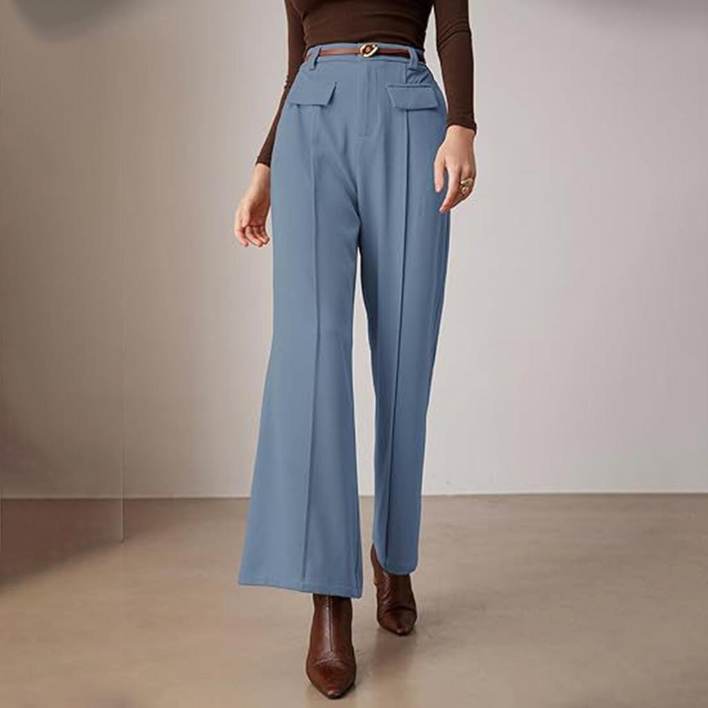 Calça feminina elástica cintura alta casual ajuste ativo perna larga calças compridas calças com bolsos