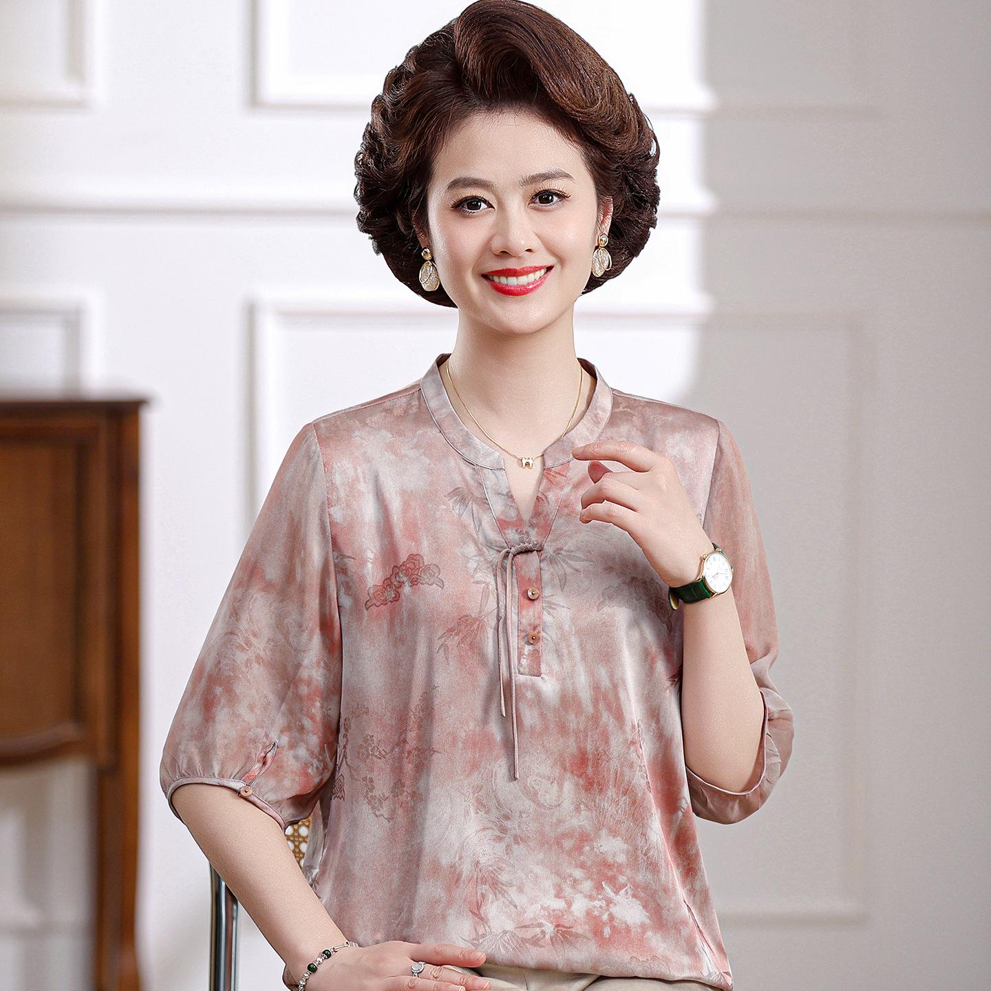 Elegant Summer Silk Top: Women s Three-Quarter Sleeve Mulberry Silk Shirt 2XL (recommended 110-120 jin) розовый