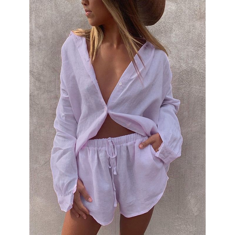 Loose Long Sleeve Shirt and Shorts Set Loose Long Sleeve Shirt Shorts Suit