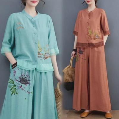 Stylish Summer Two-Piece Suit: Embroidered Cotton-Linen Top with Wide-Leg Pants for Middle-Aged Women