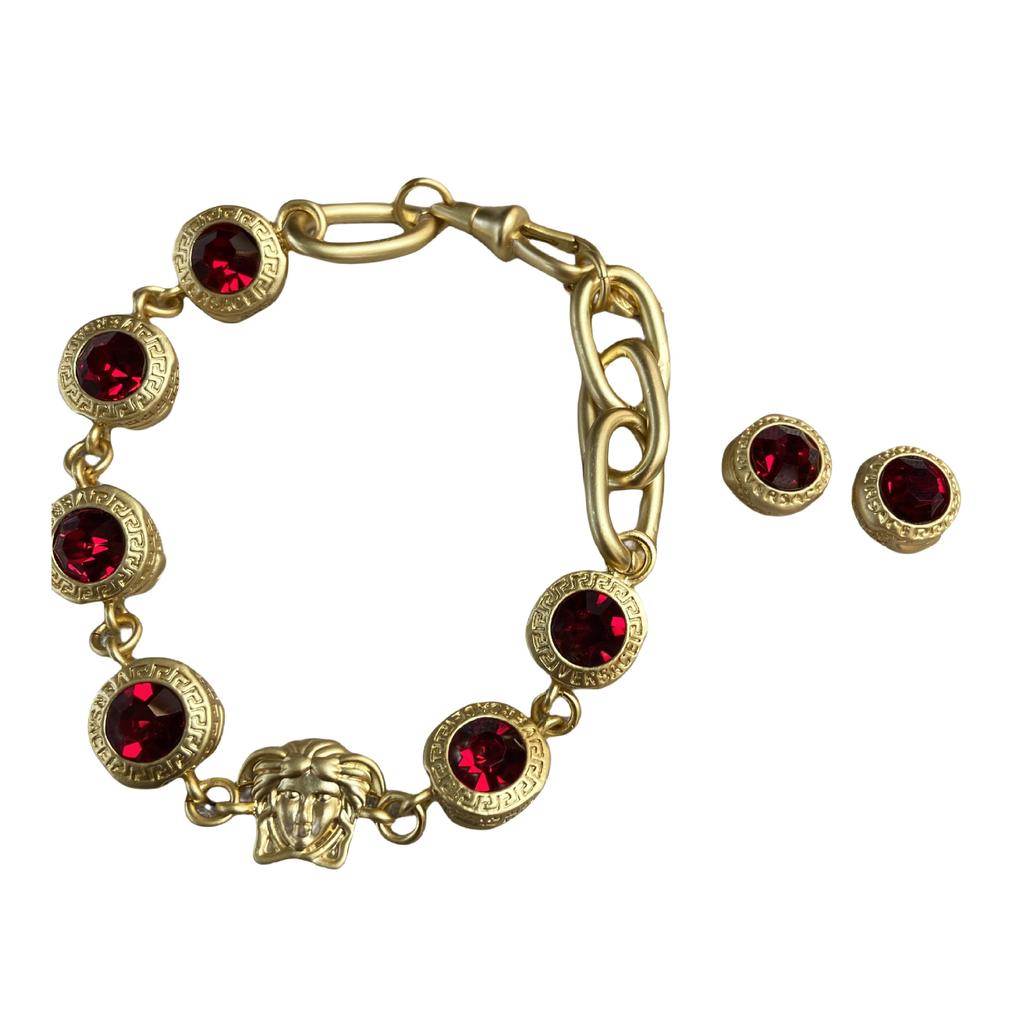 Fan Home/F Home Bracelet à chaîne épaisse en forme de labyrinthe à tête de Méduse pour femme, boucles d'oreilles à tige en laiton plaqué or et zircon rouge