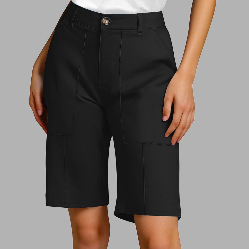 Women's Summer Casual Fashionable Loose And Comfortable Knee High Waisted Elastic Band Pocket Shorts