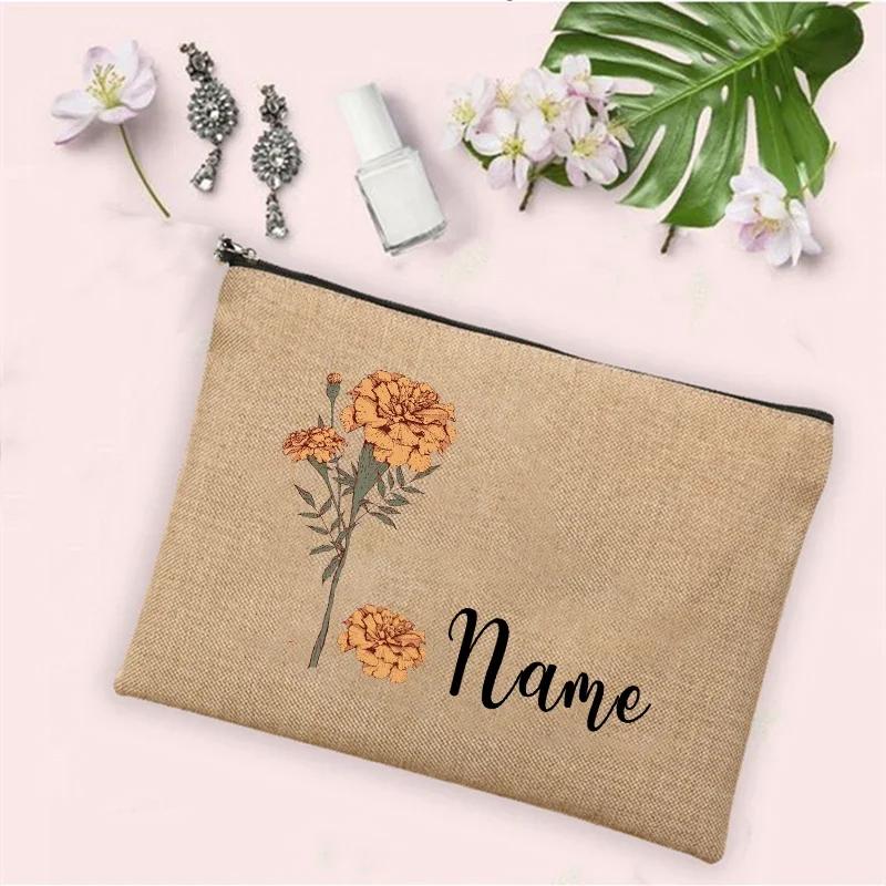 Personalized Customization Birth Month Date Flower Makeup Bag Women Travel Makeup Zipper Handbag Toilet Toiletries Wallet