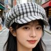Retro blue plaid beret female face small literary style painter hat octagonal cap cap
