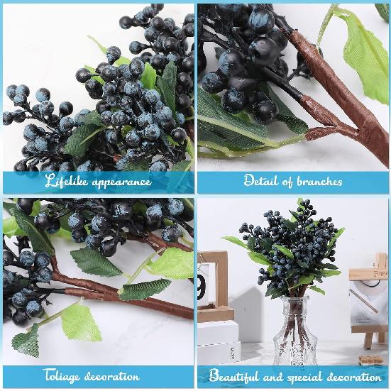 Yunsailing 30 Pcs Artificial Blue Berry Stems Bulk, 9.8 Inch Faux Berry Picks with Green Leaves, Fake Short Branch Fruit Flower for Christmas Tree