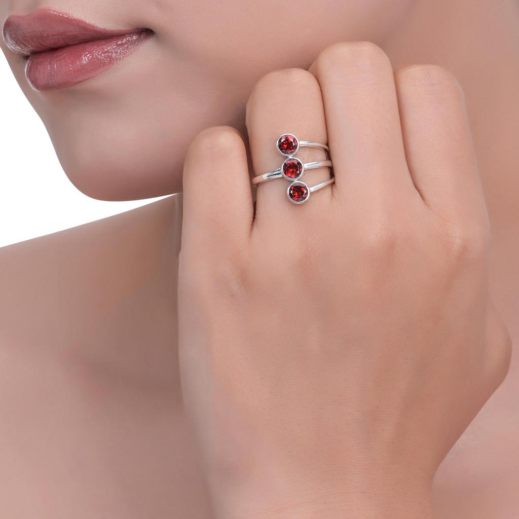 Elegant 925 Sterling Silver Triple Garnet Ring – Handmade Adjustable Stackable Red Stone Ring for Women