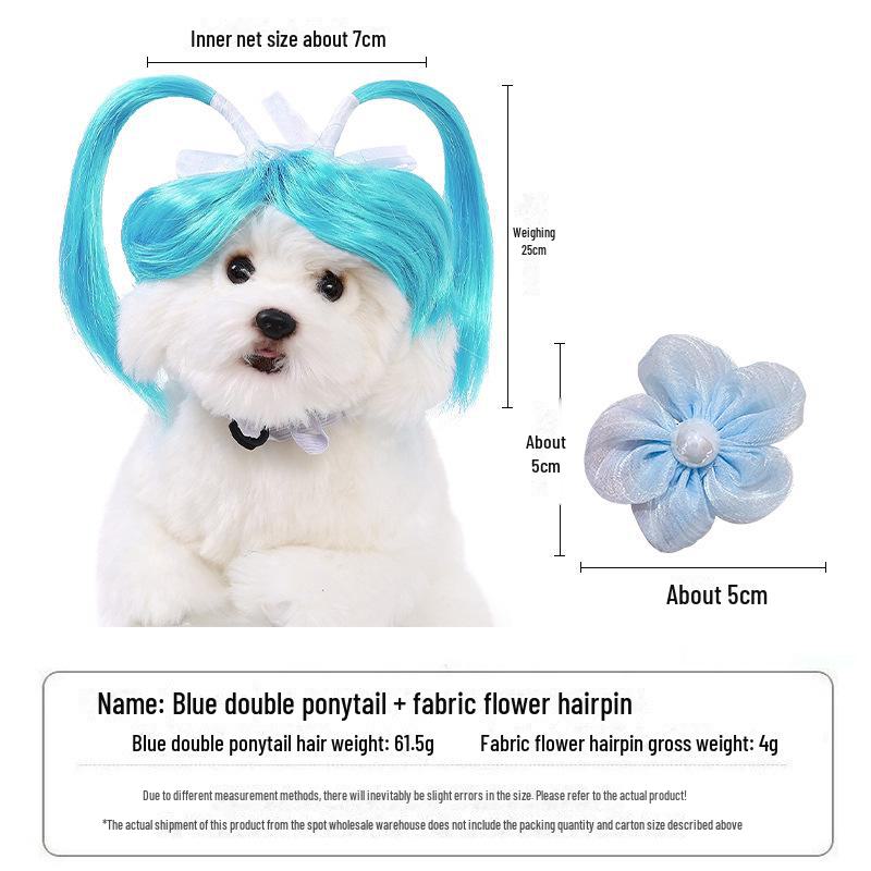 Entzückende blaue Doppelzopf-Perücke für Haustiere - Niedliche Crossdressing-Kopfbedeckung für Katzen und Hunde