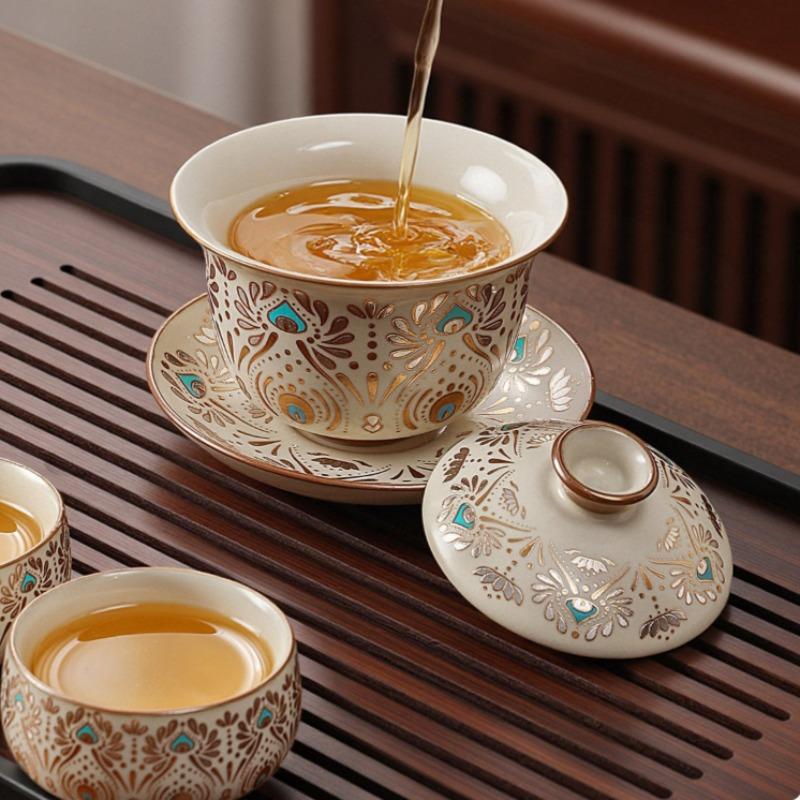 Ruyi Kiln Gongfu Tee-Set, Luxuriöse Porzellan-Teekanne und Tassen mit Tablett, Kompletter Keramik-Service für Zuhause, Elegantes Trockenaufguss-Tablett-Set