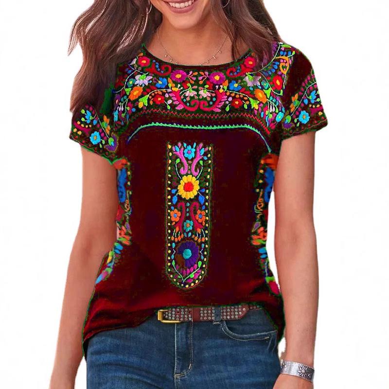 2022 Bohemian Print Women's Round Neck Short Sleeve T-shirt