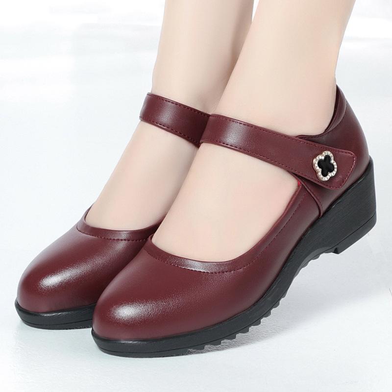 Fashion Women's Wedge Shoes Women Ankle Strap Casual Flat Shoes Woman Work Office Pumps Comfort Genuine Leather Shallow Mouth Mom Shoes